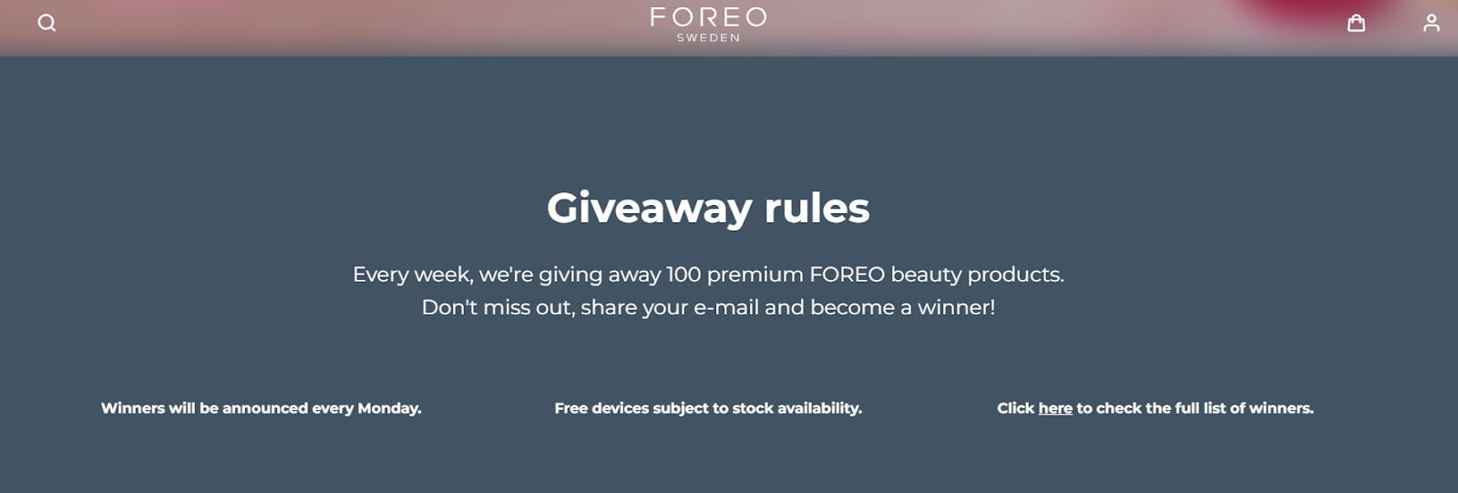 Foreo's giveaway rules page detailing weekly prize distribution for premium beauty products and email entry requirements.